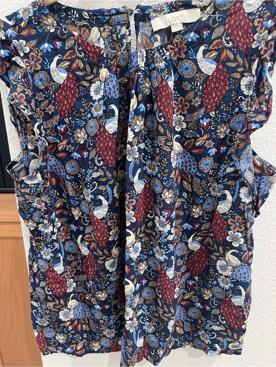LOFT Tops - LOFT Navy Floral & Peacock Print Top with Burgundy and Cream Accents XL